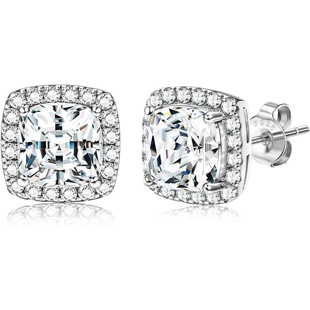 18K Gold Plated Stud Earrings with 925 Sterling Silver and Cubic Zirconia,Square